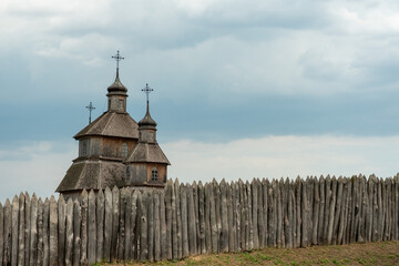 Wooden church on Zaporozhian Cossacks Sich located on Khortytsia island in Zaporizhzhia, Ukraine.