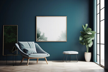 Living room with an empty painting frame on a wall with a frame