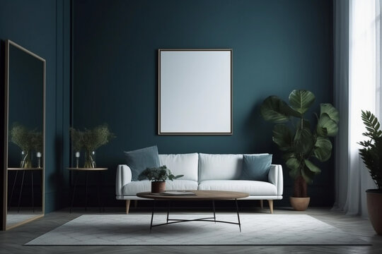 Living room with an empty painting frame on a wall with a frame