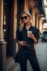 Casually Chic: Stunning Model in Black with Sunglasses, Mobile, and Coffee to Go in the City Streets, Generative A