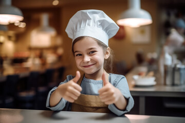 cute little chef baker in an apron and hat chef gesturing thumbs up. generative AI