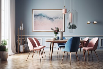 A mock up of a contemporary blue dining room with pink seats, a marble table, and empty wall frames. Generative AI