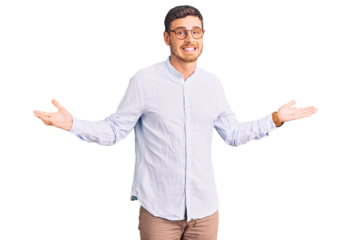 Handsome young man with bear wearing elegant business shirt and glasses clueless and confused expression with arms and hands raised. doubt concept.