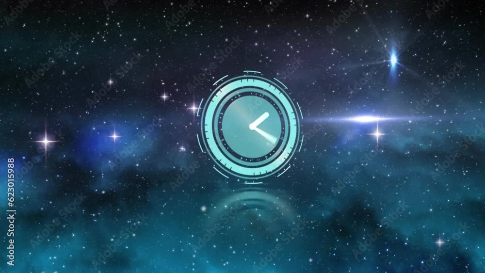 Wall mural animation of digital clock over stars and lens flares against abstract background