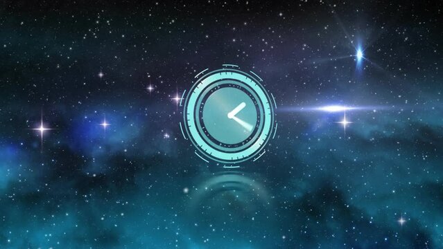Animation of digital clock over stars and lens flares against abstract background