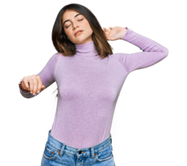 Young beautiful teen girl wearing turtleneck sweater stretching back, tired and relaxed, sleepy and yawning for early morning
