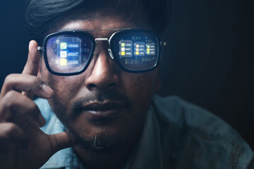 Businessman using technology glasses to complete online checklist survey Mark checklists and...