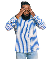 Young african american man wearing business shirt with hand on head for pain in head because stress. suffering migraine.