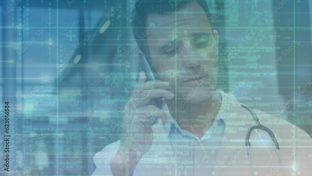 Poster animation of computer language and hexagon pattern over caucasian doctor talking on cellphone
