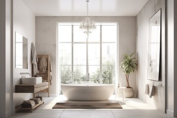 Fototapeta na wymiar White bathroom with a contemporary bathtub and faucet. Generative AI