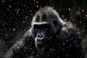 Close-up of Silverback mountain gorilla under the snow. Amazing African Wildlife. Generative Ai