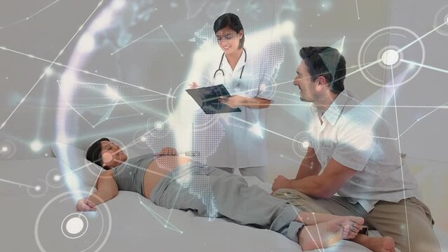 Animation of connected dots, globe, caucasian doctor checking pregnant lady visited with partner