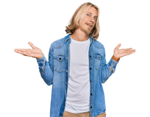 Caucasian man with blond long hair wearing casual denim jacket clueless and confused expression with arms and hands raised. doubt concept.