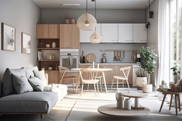 A corner of a living room decorated in the Scandinavian style, with a gray, plush sofa, chairs, big windows, and a kitchen in the distance. a mockup. Generative AI