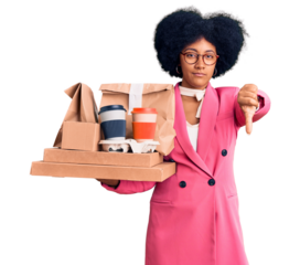 Young african american girl wearing business clothes holding delivery food with angry face, negative sign showing dislike with thumbs down, rejection concept