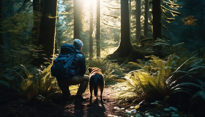 Man and his best friend dog hike through a sunlit forest, carrying a backpack and following a clue. They explore nature and enjoy the companionship of their adventure. Generative AI