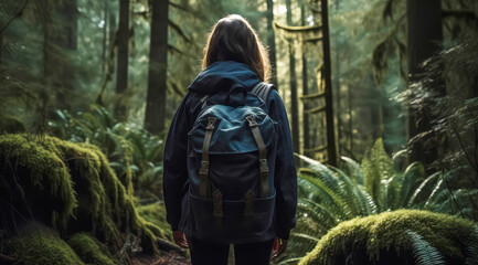 Rear view of lone adventurer stands in a forest, wearing a backpack, surrounded by trees. She gazes ahead with determination, ready to explore the land. Generative AI