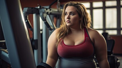 Fototapeta na wymiar Plus-Size Woman's Gym Workout: Showcasing Determination, Sporty Lifestyle, and Body Positivity. Generative AI