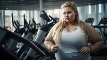 Fototapeta na wymiar Sporty and Proud: Overweight Woman's Gym Workout Showcasing Body Positivity, Fitness Commitment, and Health Consciousness. Generative AI