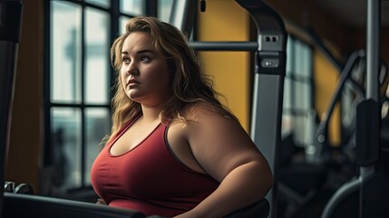 Fototapeta na wymiar Training in the Gym: An Overweight Woman's Journey Toward Fitness, Confidence, and Lifestyle Change. Generative AI