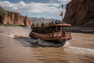 Illustration of a ship sailing on a Chinese mountain river. Generative AI