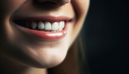 Smiling young adult woman portrait with close-up of lips and smiley teeth face, adorned with stunning makeup, exudes confidence. Her lips, teeth, and nose are beautifully highlighted. Generative AI