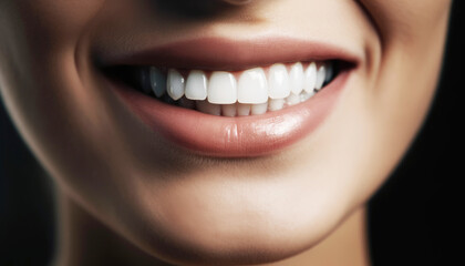 Fototapeta premium Smiling young adult woman portrait with close-up of lips and smiley teeth face, adorned with stunning makeup, exudes confidence. Her lips, teeth, and nose are beautifully highlighted. Generative AI
