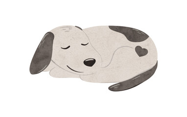 Cute puppy Stabyhoun with a heart sleeps. Digital hand drawn illustration with a small baby dog for textile design, poster, postcard. Cartoon style character drawing for printing on an isolated