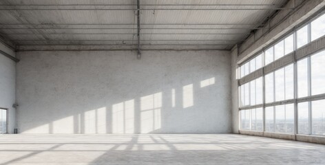 big window in a warehouse, building. Empty warehouse city view