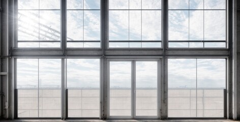 Fototapeta na wymiar big window in a warehouse, building. Empty warehouse city view