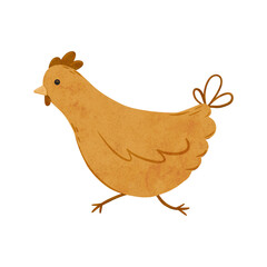 Cartoon domestic chicken runs. Digital hand drawn farm bird illustration for textile design, poster, postcard. Cartoon style character drawing for printing on an isolated background