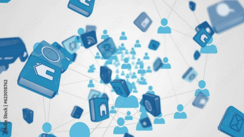 Wall mural animation of multiple digital icons falling over network of profile icons against grey background