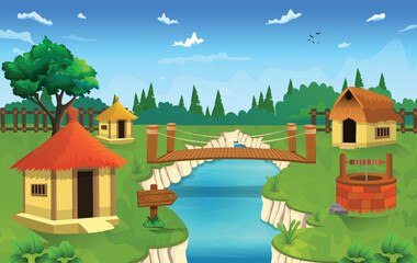 Obraz premium Vector illustration of countryside beautiful pakistan village cartoon background of green meadows and surrounded by trees and mountains.