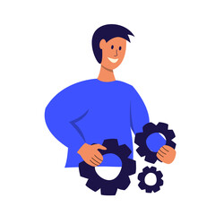 Man holds gears in his hand. Development concept