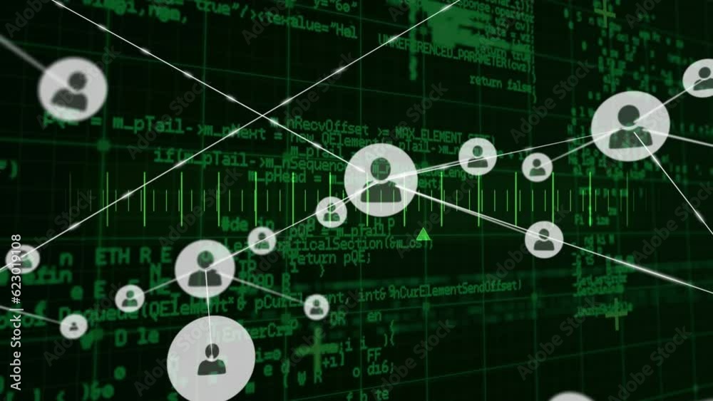 Poster animation of network of profile icons and scale over data processing against black background