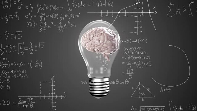 Animation of mathematical equations over brain inside electric bulb spinning against grey background