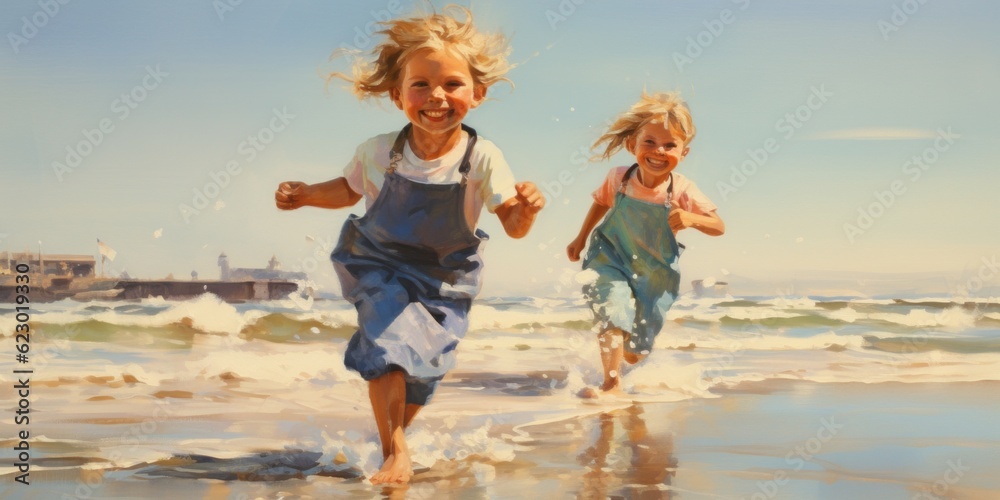 Canvas Prints A painting of two children running on the beach. Generative AI image.