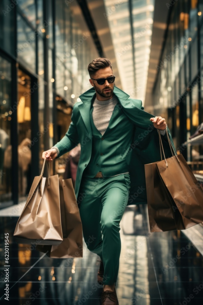 Sticker A man in a green suit and sunglasses carrying shopping bags. Generative AI image.