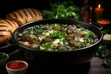 Soup with meat and vegetables, bread and greens are nearby. Dark background. AI