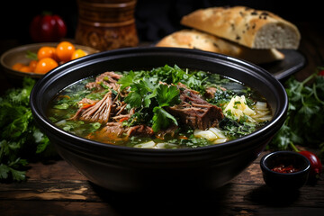 Soup with meat and vegetables, bread and greens are nearby. Dark background. AI