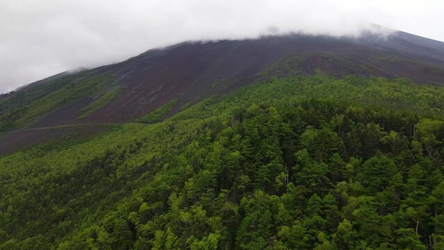 Aerial drone view of Yoshida trail at the mountain slope of Mount Fuji, Yamanashi Japan