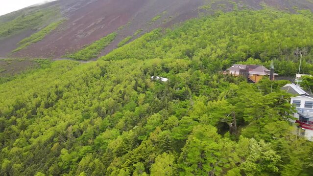 Aerial view of Yoshida trail at the mountain slope of Mount Fuji, Yamanashi Japan