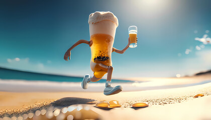 frozen glass of beer funny character running on the sunny beach,