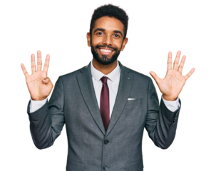 Young african american man wearing business clothes showing and pointing up with fingers number nine while smiling confident and happy.