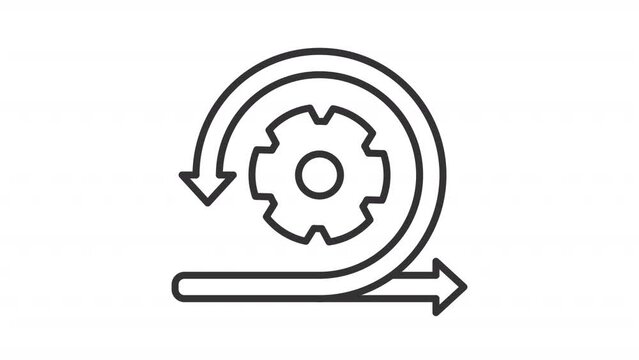 Agile development line animation. Rotating gear and arrows animated icon. Different directions. Project management. Black illustration on white background. HD video with alpha channel. Motion graphic