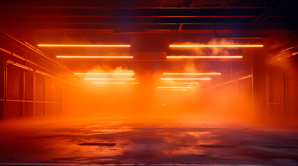 Empty illuminated underground parking lot with orange smoke and tube lights	
