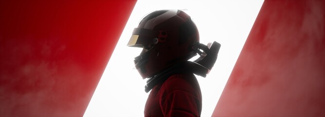 Silhouette portrait of modern race car pilot posing against bright light © ivanbaranov