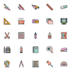 School supplies filled outline icons set