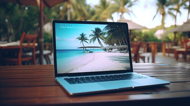 a laptop on a table. Generative AI Art.