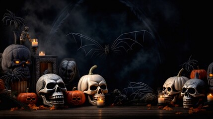 Halloween background with human skulls, pumpkins, candles and bats. Generative AI.